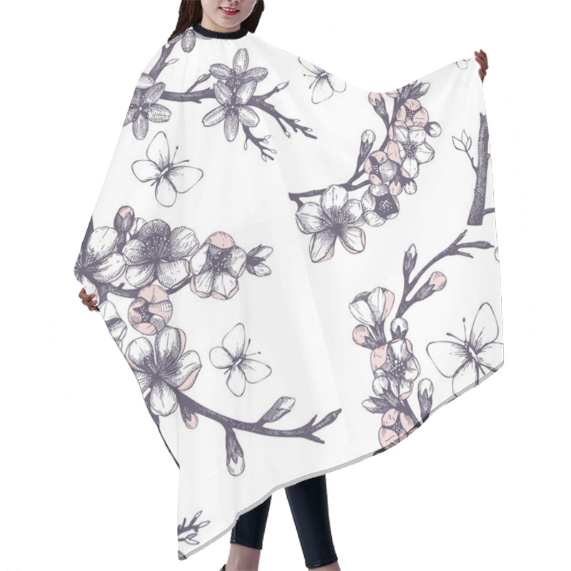 Personality  Seamless Pattern With Blooming Tree Twigs Hair Cutting Cape