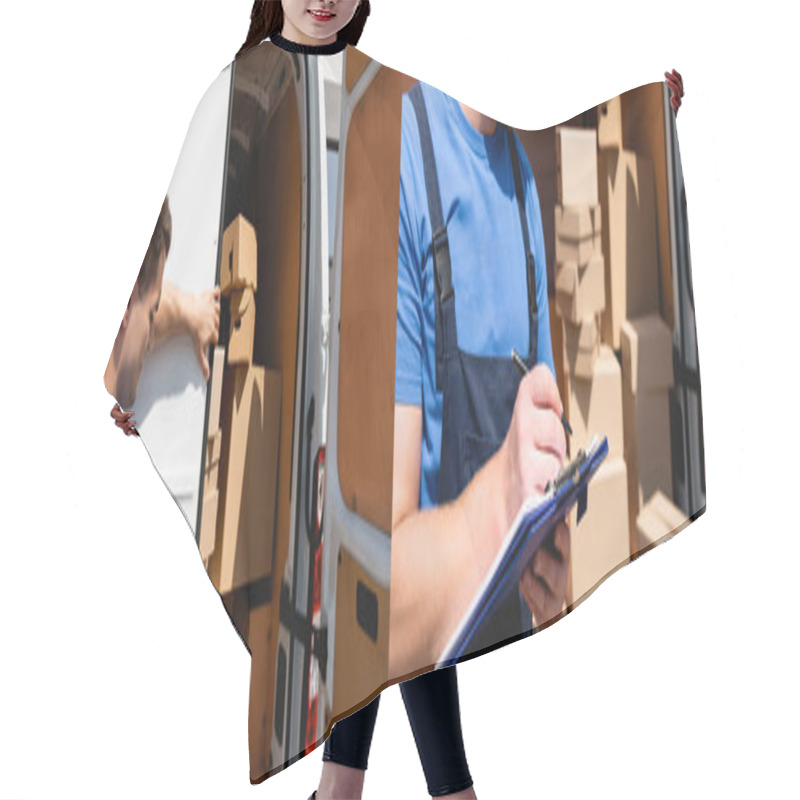 Personality  Collage Of Loader Writing On Clipboard And Colleague Closing Door Of Truck Outdoors Hair Cutting Cape