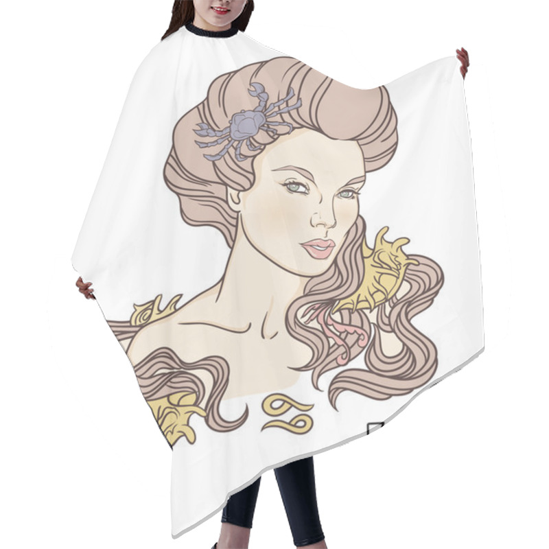 Personality  Zodiac. Vector Illustration Of Cancer As Girl With Flowers. Hair Cutting Cape