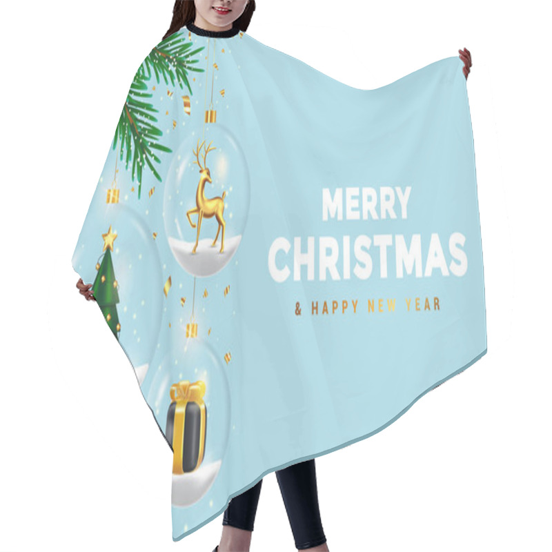 Personality  Christmas Transparent Balls With Fir Tree, Deer And Gift Box Inside On The Snow, Conffeti Are Falling. Holiday Xmas Background. Vector 3d Illustration Hair Cutting Cape