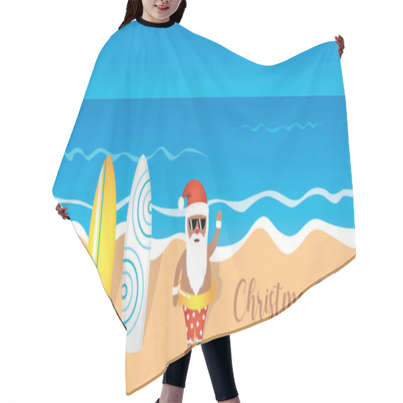 Personality  Cute Santa On The Beach Wit Surfboards Christmas Holiday Vector Illustration EPS10 Hair Cutting Cape