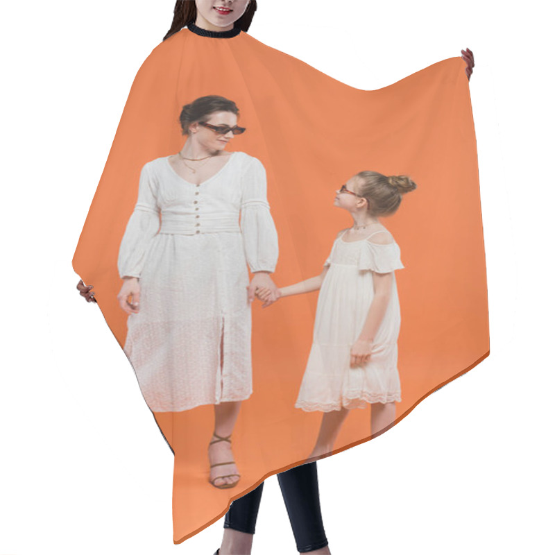 Personality  Motherly Love, Stylish Family, Mother And Child In Sunglasses Holding Hands On Orange Background, White Sun Dresses Female Bonding, Fashionable, Summer Style, Happiness  Hair Cutting Cape