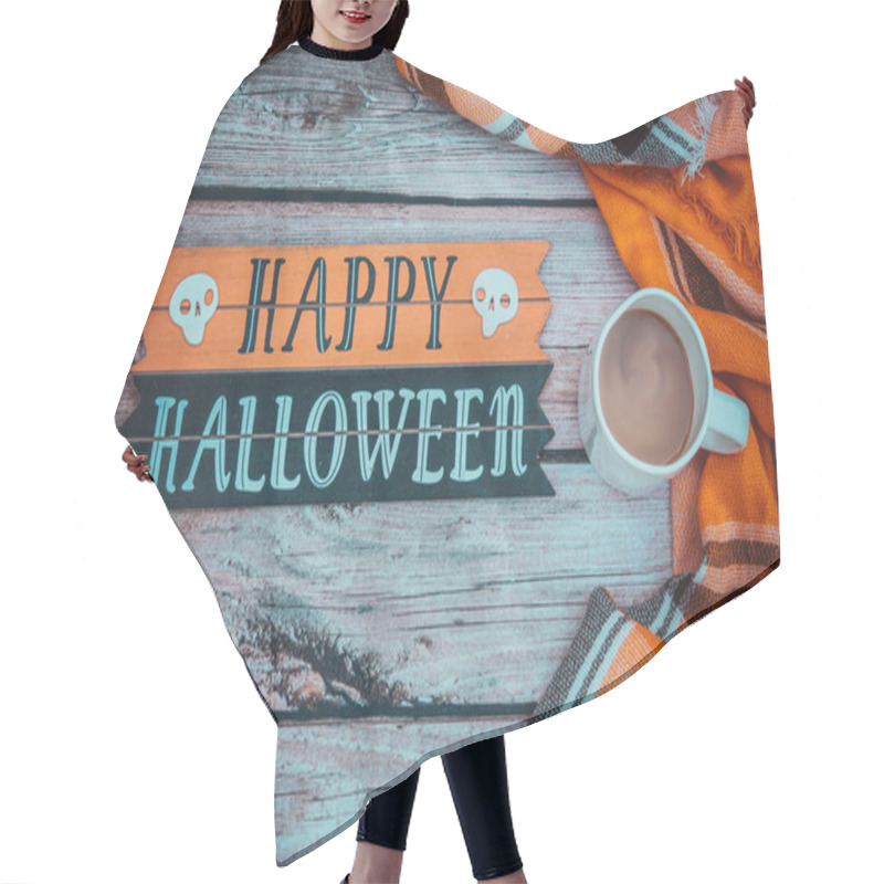 Personality  Happy Halloween Phrase Concept Background. Cozy Plaid Orange Blanket, Cup Of Coffee And Fall Leaves Hair Cutting Cape