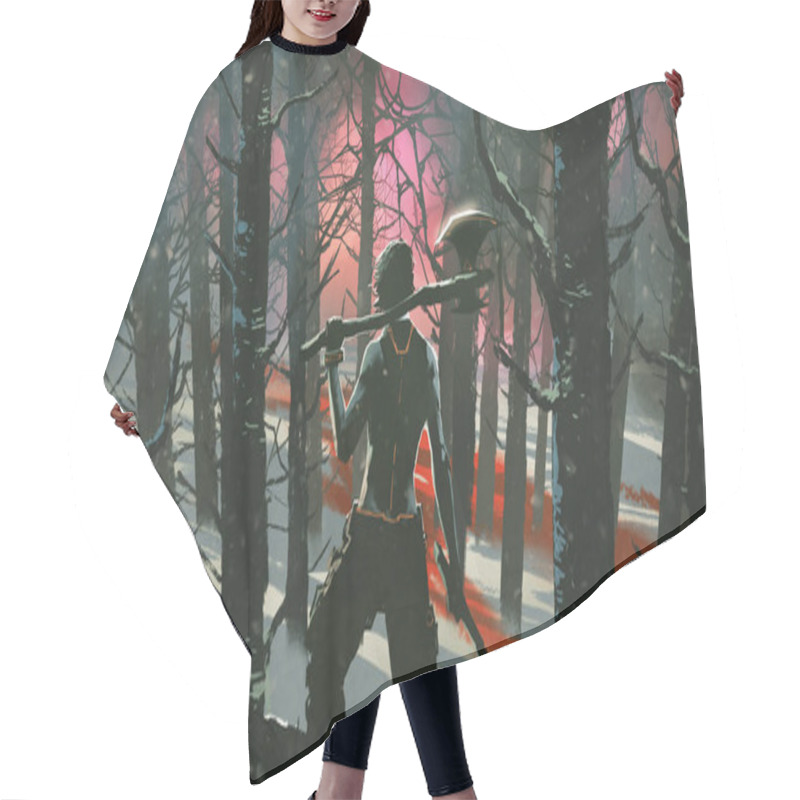 Personality  A Man Holding Axes Looking At The Red Light Deep In The Forest, Digital Art Style, Illustration Painting Hair Cutting Cape