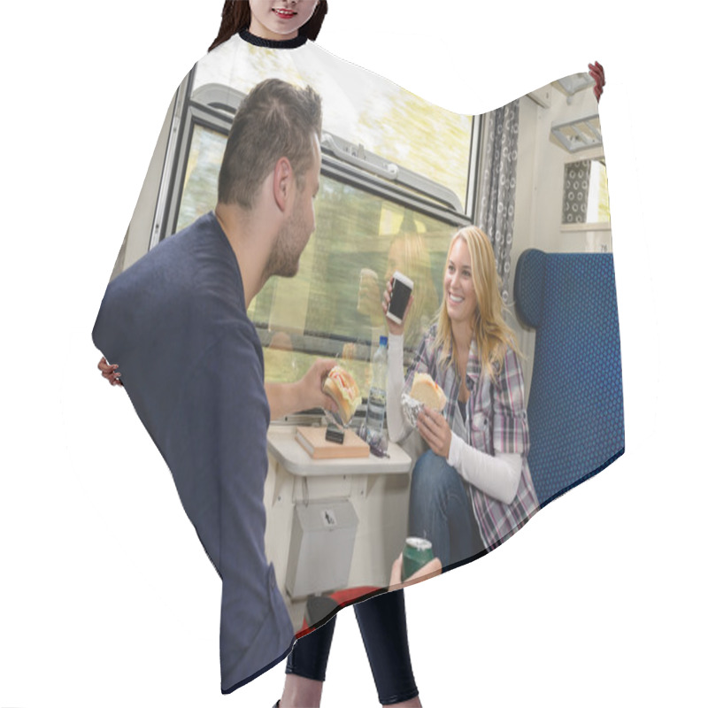 Personality  Couple Enjoying Sandwiches Traveling With Train Hair Cutting Cape