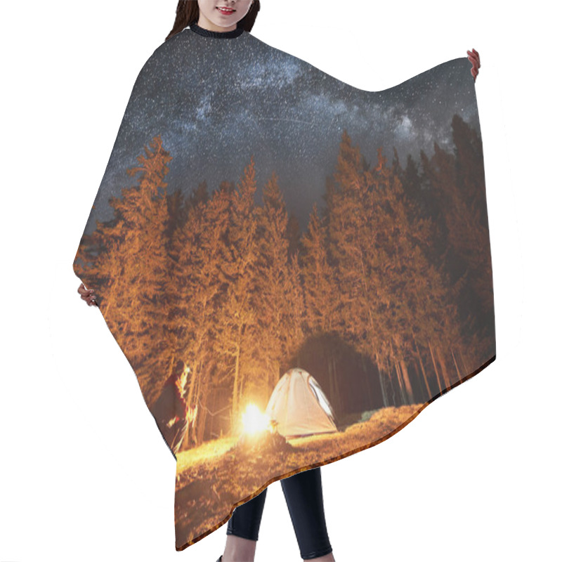 Personality  Man Sitting Near Campfire And Tent Hair Cutting Cape