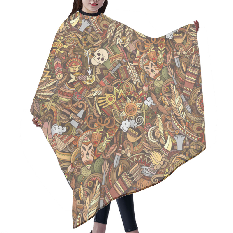 Personality  Cartoon Cute Doodles Hand Drawn Native American Seamless Pattern. Hair Cutting Cape