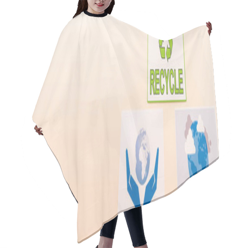 Personality  Top View Of Ecological Placards Isolated On Beige, Panoramic Shot Hair Cutting Cape