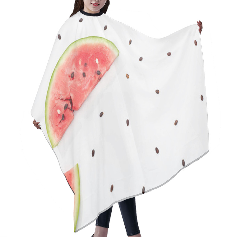 Personality  Top View Of Delicious Juicy Cut Watermelon With Seeds On White Background Hair Cutting Cape