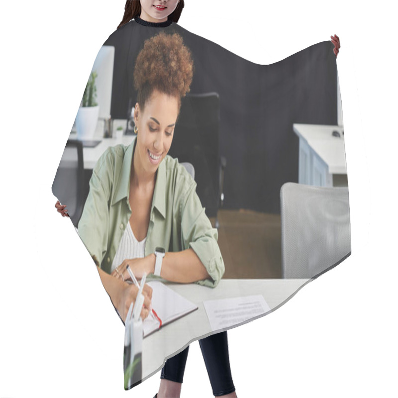 Personality  A Professional Woman Smiles As She Takes Notes In Her Modern Office Workspace, Radiating Focus. Hair Cutting Cape