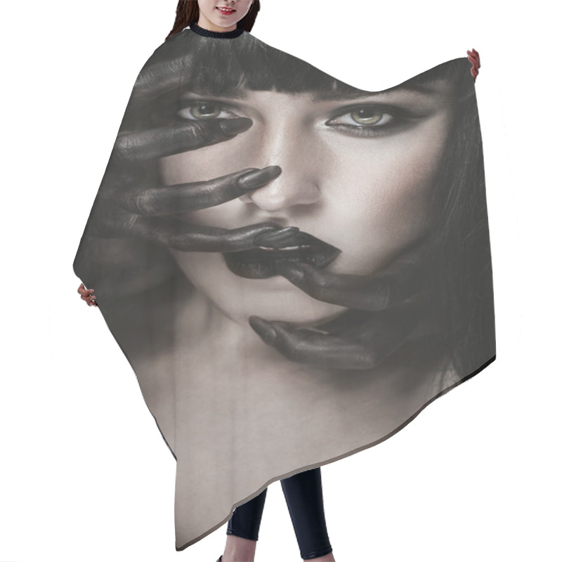 Personality  Woman With Black Demon Hands On Face Hair Cutting Cape