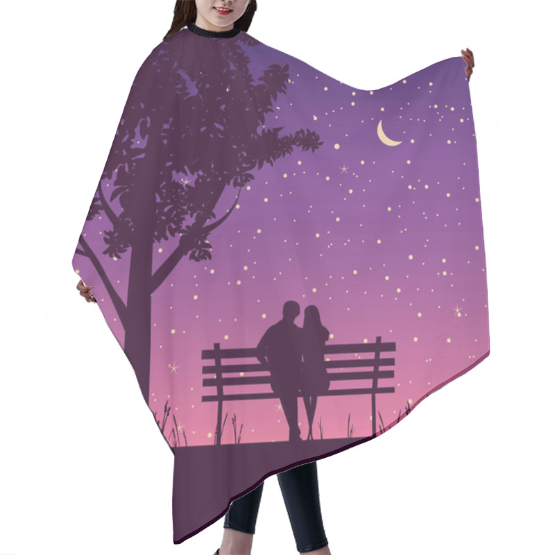 Personality  Couple Lovers On Bench In Park, Under Tree. Night, Stars, Moon. Vector Illustration Silhouette Hair Cutting Cape