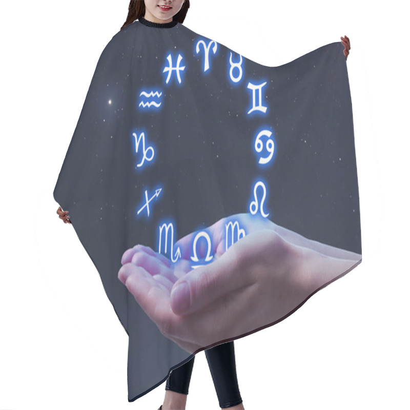 Personality  Astrology. Woman With Zodiac Wheel Against Starry Night Sky, Closeup Hair Cutting Cape