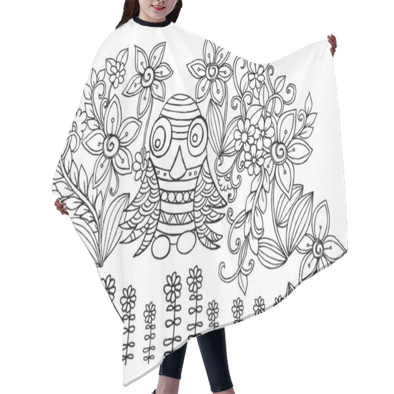 Personality  Owl And Flowers. Doodle Black And White Drawing Hair Cutting Cape