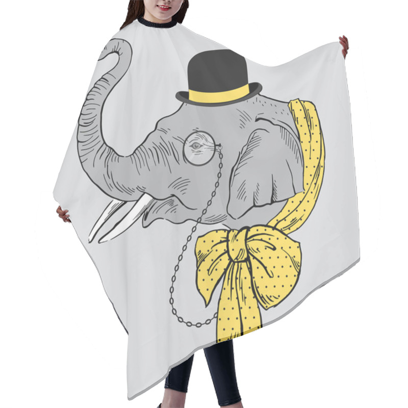 Personality  Portrait Of Elephant In Bowler Hat, Monocle And Yellow Bow Hair Cutting Cape