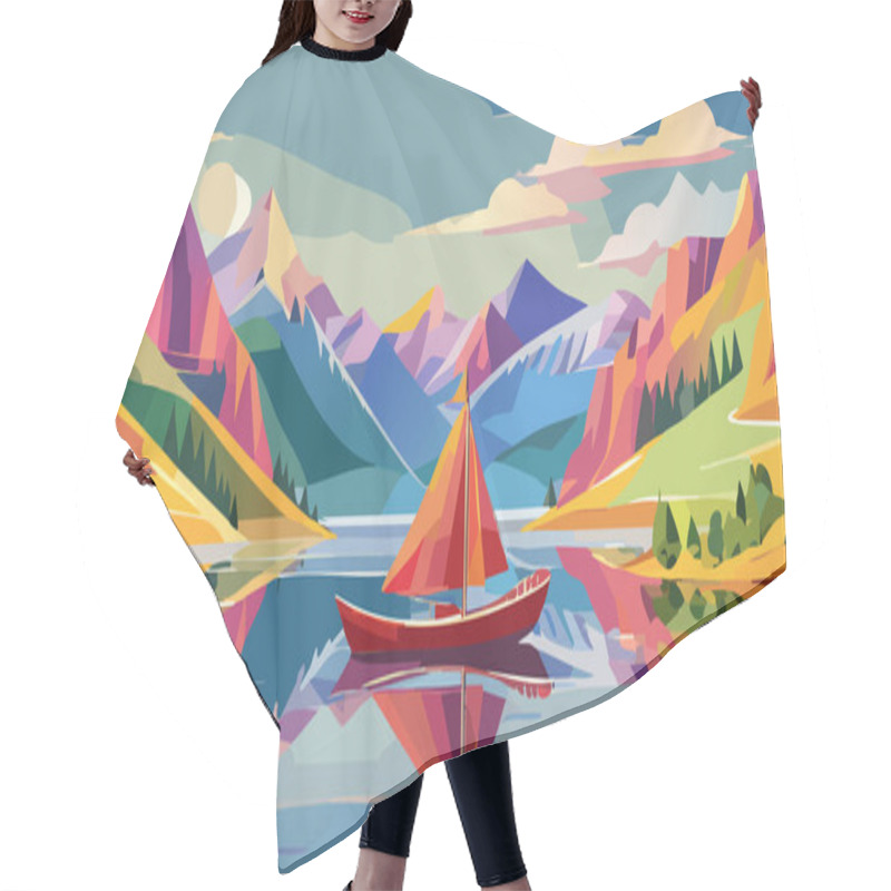 Personality  A Vibrant, Geometric Landscape Painting With A Small Boat On A Calm Lake, Surrounded By Colorful Mountains And A Bright Sky. Hair Cutting Cape