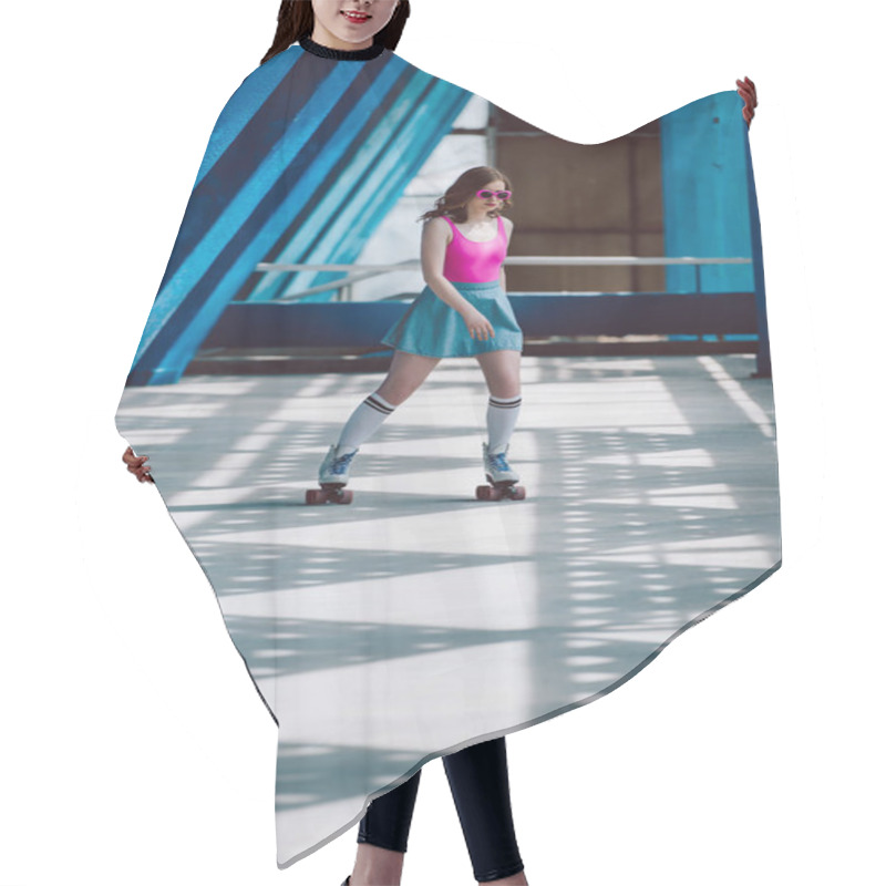 Personality  Young Woman In Stylish Clothing And Retro Sunglasses Roller Skating Alone Hair Cutting Cape