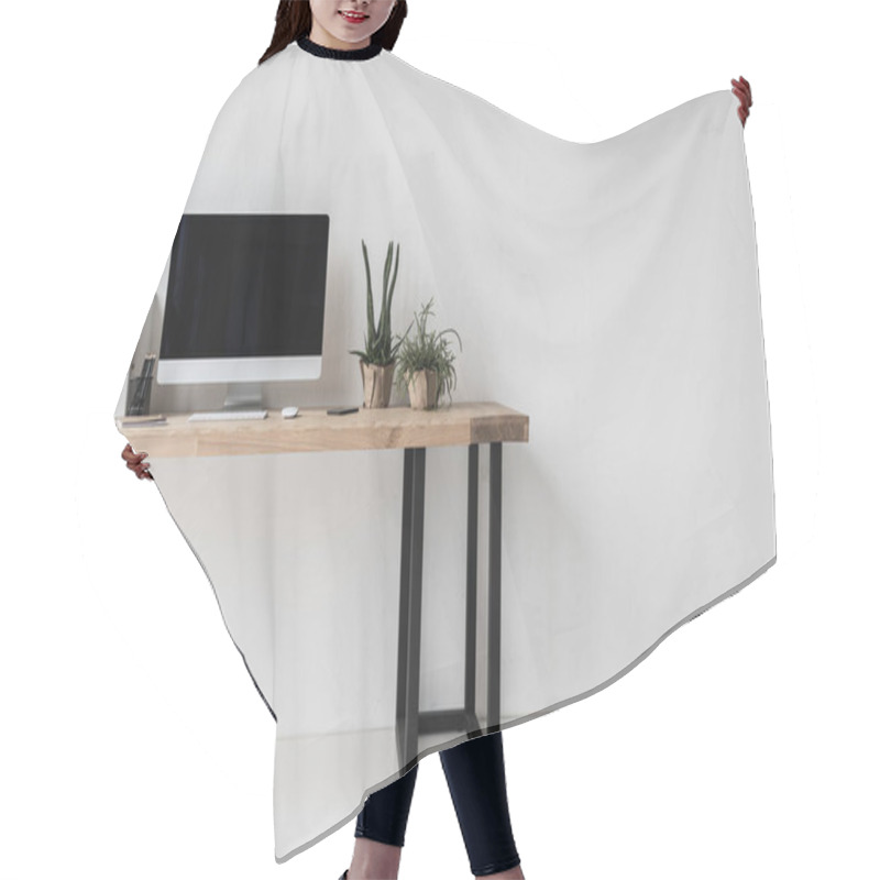 Personality  Workplace With Computer In Modern Office Hair Cutting Cape