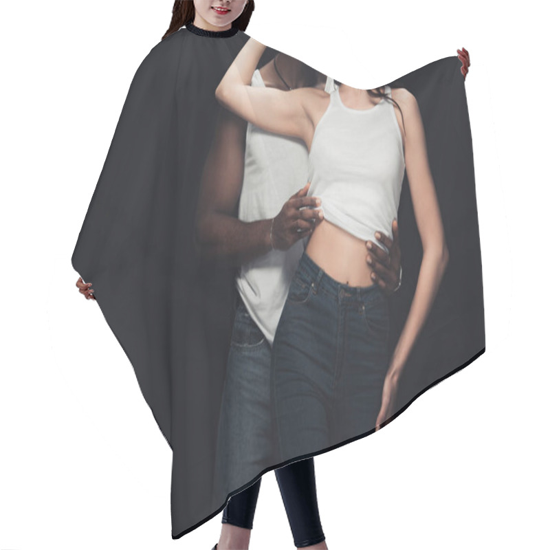 Personality  Cropped View Of African American Man Undressing Seductive Woman Isolated On Black With Copy Space Hair Cutting Cape