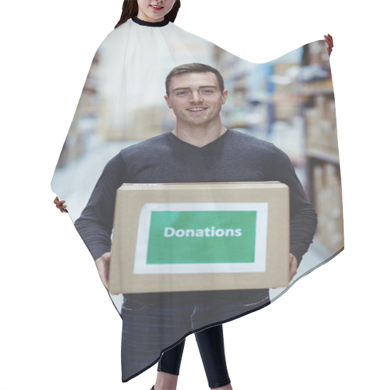 Personality  Volunteer Smiling At Camera Holding Donations Box Hair Cutting Cape