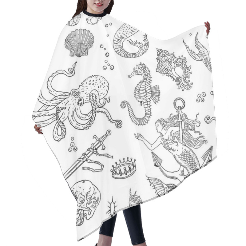 Personality  Vintage Fantasy Nautical Seamless Pattern: Mermaid, Underwater Treasures, Octopus, Shell, Starfish, Anchor, Drowned Sword, Crown, Skull, Crystal, Sea Horse. Retro Tattoo Style Hand Drawn Illustration. Hair Cutting Cape