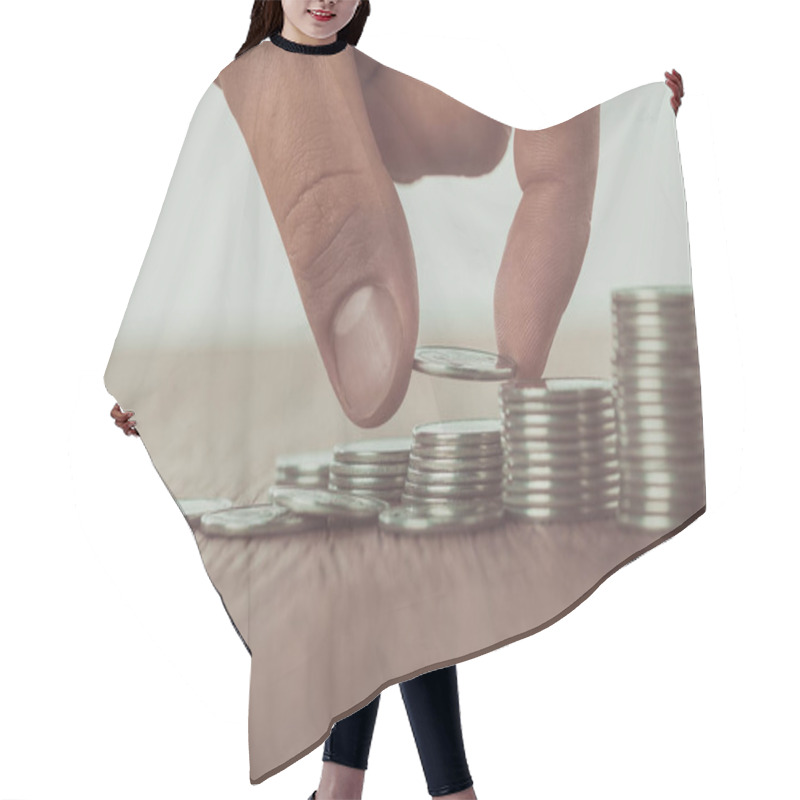 Personality  Cropped Image Of Man Stacking Coins On Brown Wooden Table, Saving Concept Hair Cutting Cape