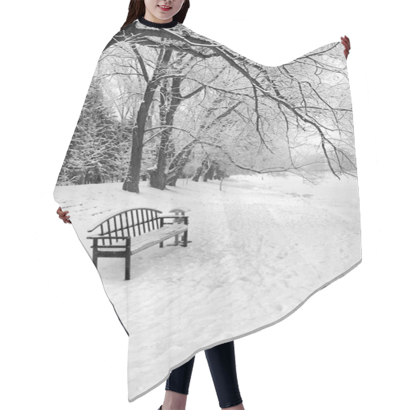 Personality  An Empty Bench In A Snowy Winter Forest Hair Cutting Cape