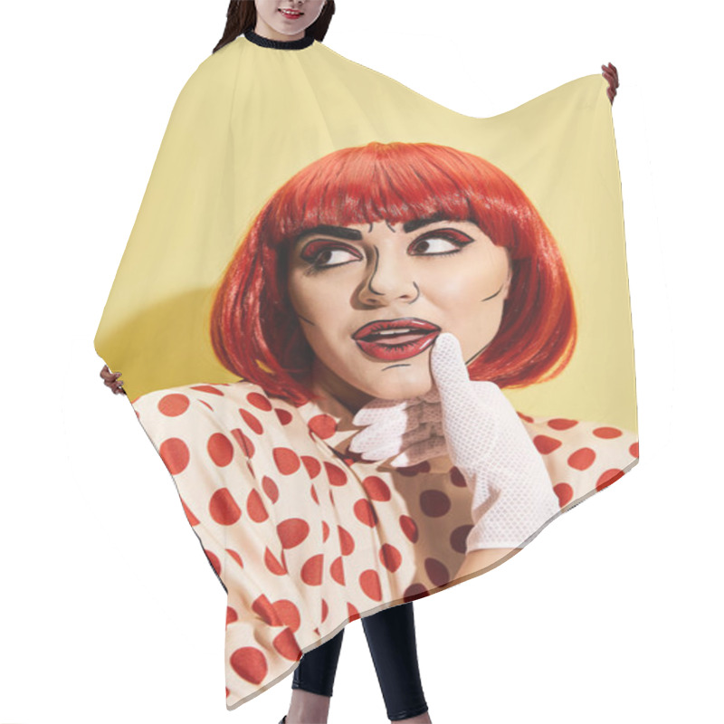 Personality  A Vibrant Redhead Donning A Polka Dot Dress On A Sunny Yellow Backdrop, Exuding Charisma And Charm. Hair Cutting Cape