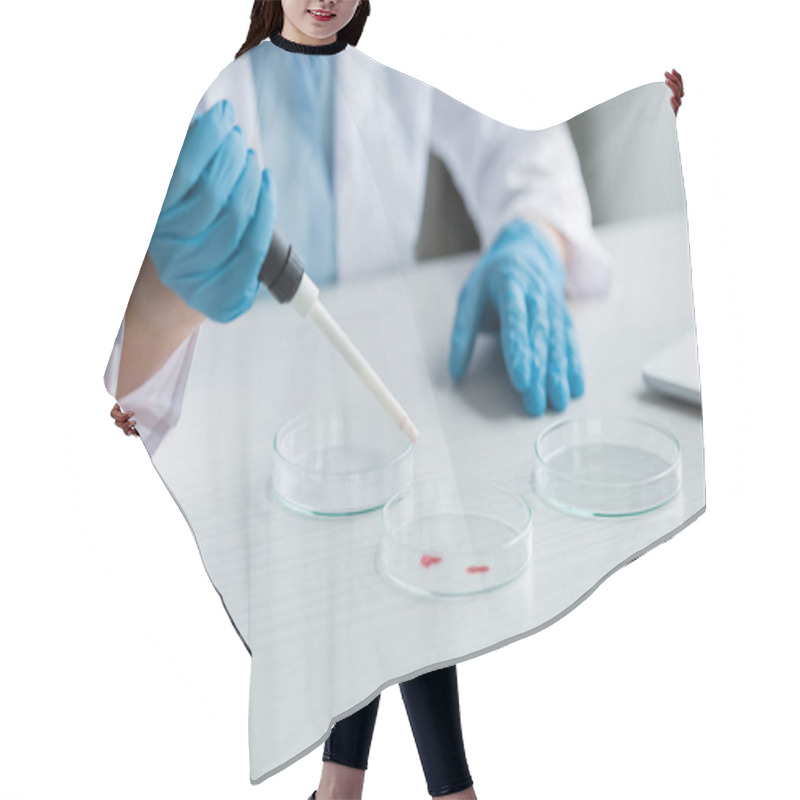 Personality  Cropped View Of Blurred Scientist In Latex Gloves Working With Electronic Pipette And Petri Dishes In Laboratory  Hair Cutting Cape