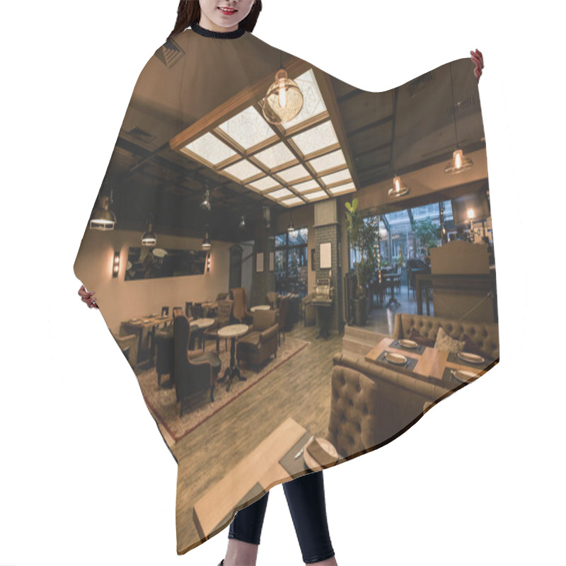 Personality  View Of Stylish Empty Cafe With Arranged Tables And Chairs For Visitors Hair Cutting Cape