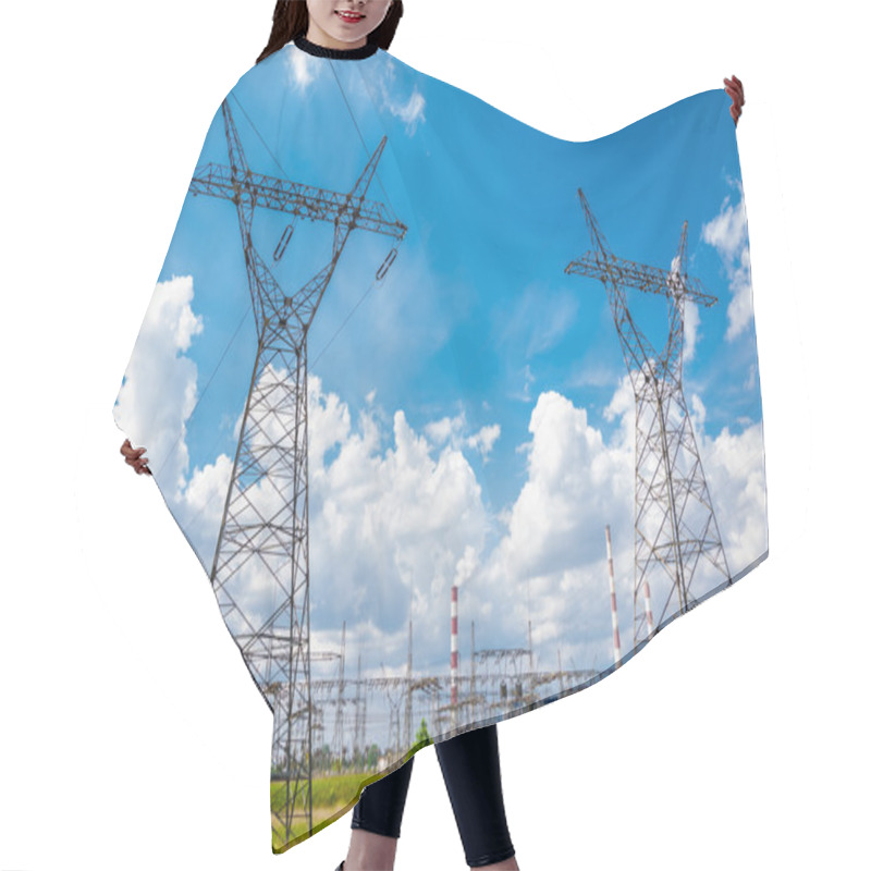 Personality  Pylon And Transmission Power Line In Summer Day Hair Cutting Cape