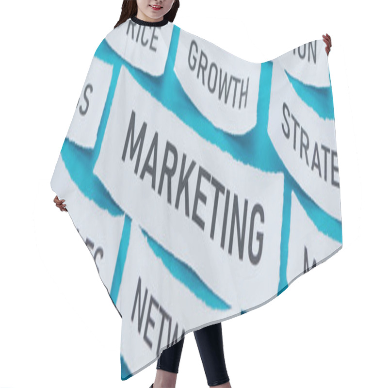 Personality  Panoramic Shot Of Various Components Of Marketing On Pieces Of Paper On Blue  Hair Cutting Cape