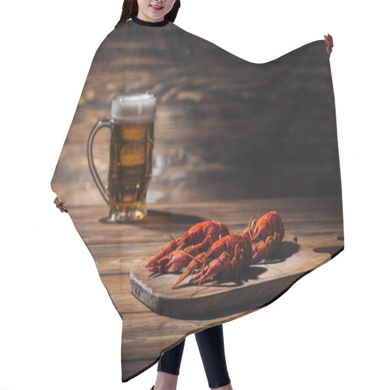 Personality  Selective Focus Of Red Lobsters And Glass With Beer On Wooden Surface Hair Cutting Cape