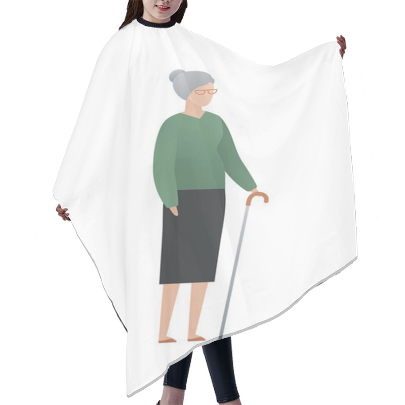 Personality  Vector Modern Flat Old Character Illustration. Cute Aged Female Standing With Cane Isolated On White Background. Aged People With Grey Hair Hair Cutting Cape