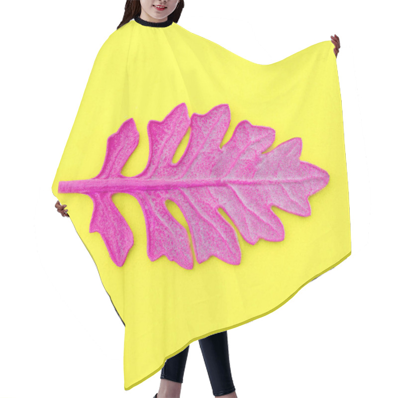 Personality  Pink Leaf On Yellow Paper Background. Fashion Minimal Pop Art Style. Hair Cutting Cape