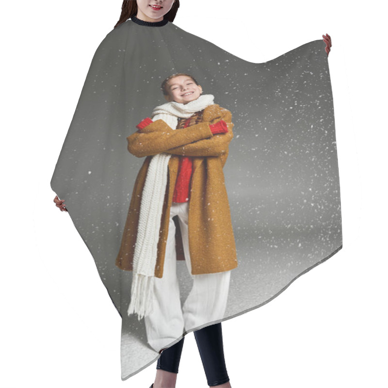 Personality  The Girl Stands Happily In Warm Layers, Embracing Winter Joy Amid Falling Snowflakes. Hair Cutting Cape