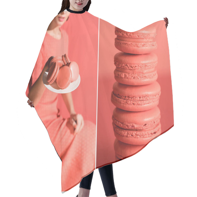 Personality  Collage With Sweet Macaroons And Stylish Woman In Living Coral. Pantone Color Of The Year 2019 Concept Hair Cutting Cape