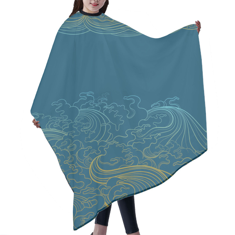 Personality  Vector Contour Illustration, Template For Graphic Design Depicting Sea Waves In Traditional Oriental Style. A Place For Text. Hair Cutting Cape