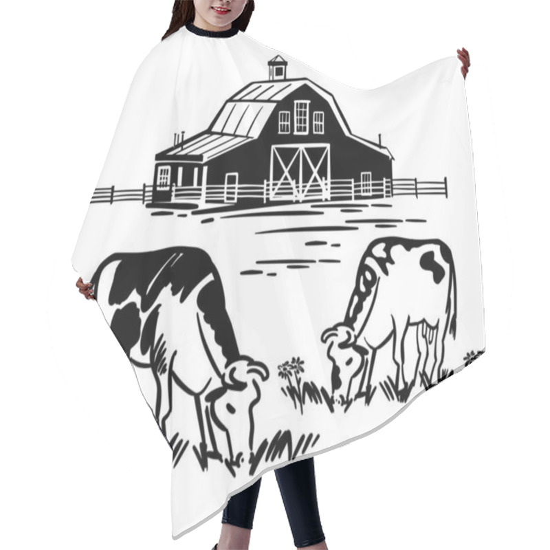 Personality  Cows Graze Eating Grass In Meadow. Handmade Ranch In Black And White Outline. Vector Illustration Of Building With Fence In Countryside. Hair Cutting Cape