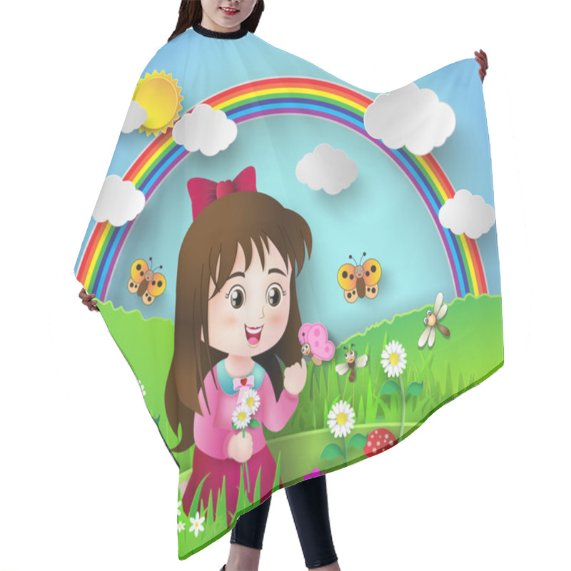 Personality  Cute Girl Sitting In A Flower Garden. Hair Cutting Cape