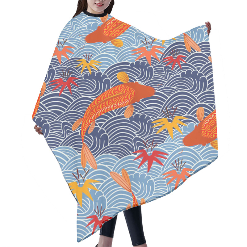 Personality  Seamless Vector Pattern With Japanese Carp Fish On Blue Waves Hair Cutting Cape