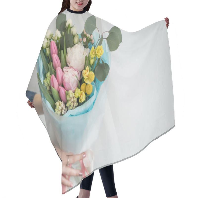 Personality  Woman Holding Beautiful Bouquet Of Bright Spring Flowers Hair Cutting Cape