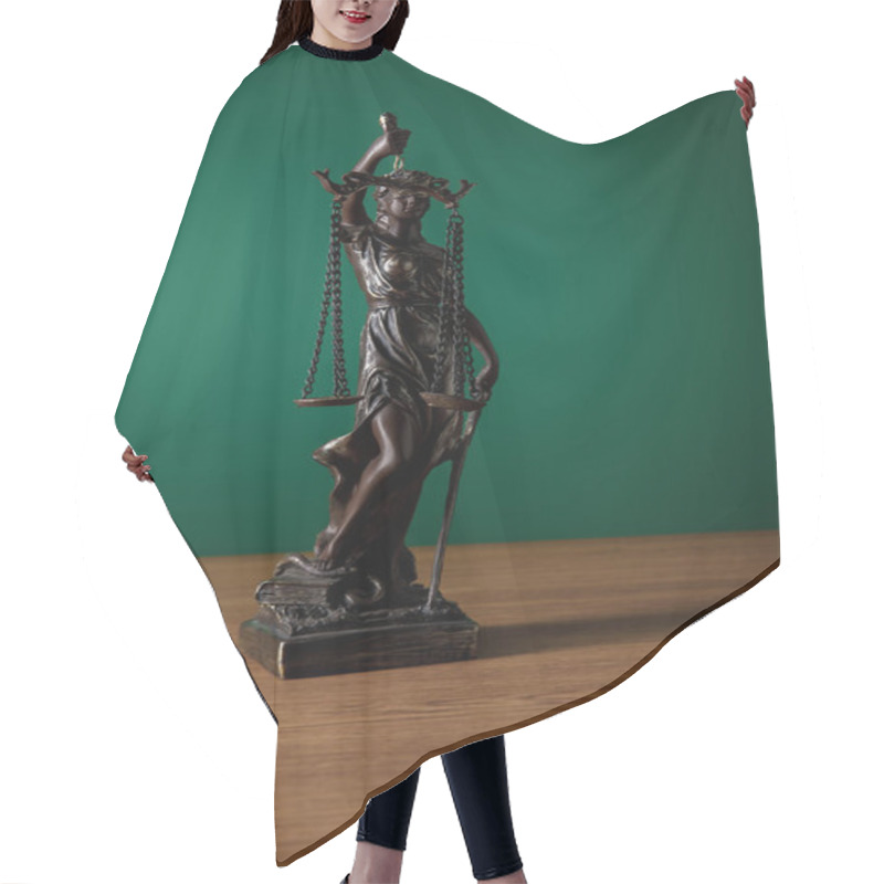 Personality  Bronze Statuette With Scales Of Justice On Wooden Surface On Green Background Hair Cutting Cape