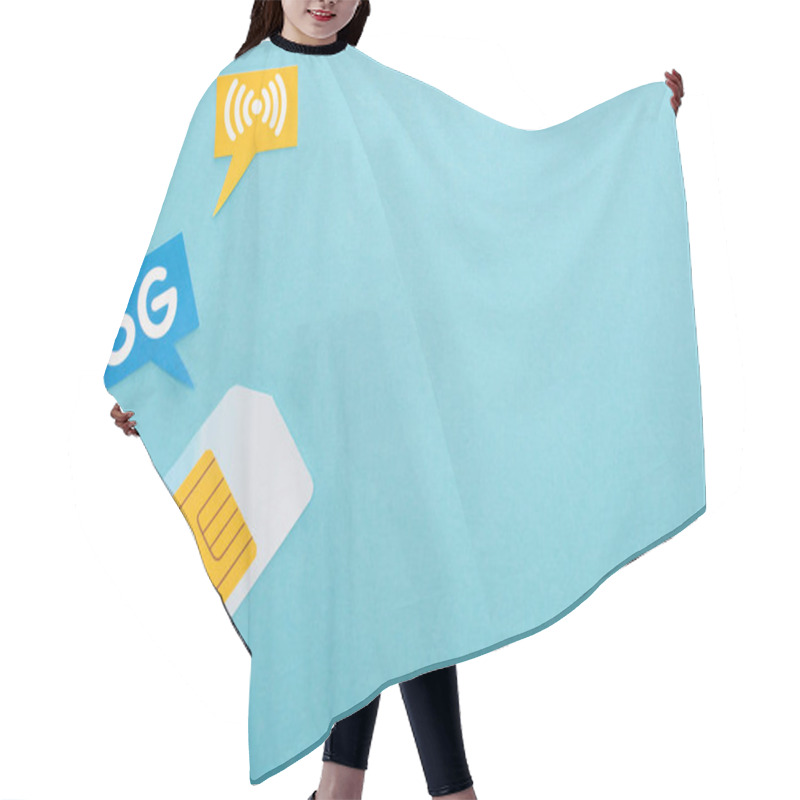 Personality  Top View Of Sim Card And  Speech Bubbles With 5g Lettering On Blue Background Hair Cutting Cape