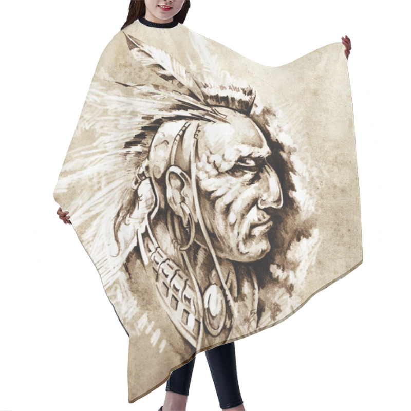 Personality  Sketch Of Tattoo Art, American Indian Chief Illustration Hair Cutting Cape