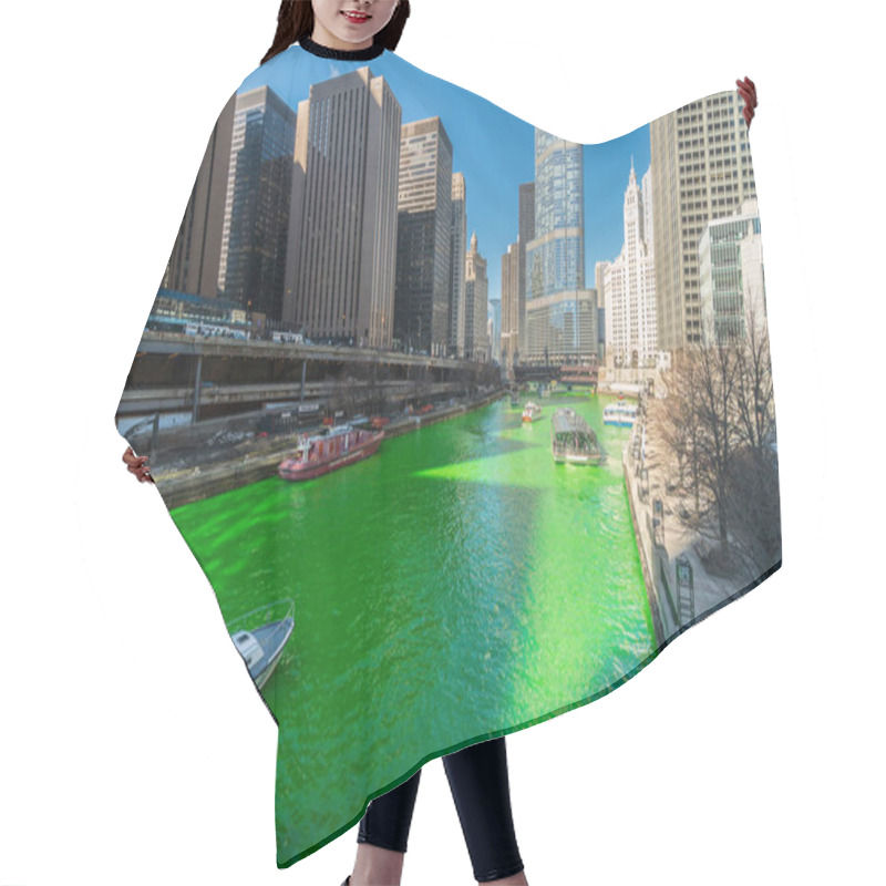 Personality  CHICAGO, USA - MAR 2019 :  Unrecognizable People And Tourist On The Yacht Running Over The Chicago River Walk In Saint Patrick's Day With Green Color River On March 16, 2019, In Chicago, Illinois, USA Hair Cutting Cape