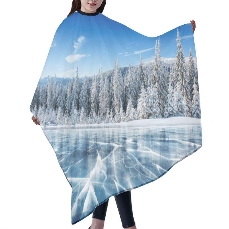 Personality  Blue Ice And Cracks On The Surface Of The Ice. Frozen Lake Under A Blue Sky In The Winter. The Hills Of Pines. Winter. Carpathian, Ukraine, Europe Hair Cutting Cape