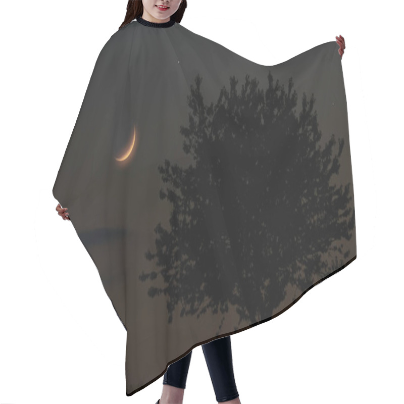 Personality  Crescent Moon, Falling Star, Planet Conjunction And Landscape Scenery Silhouettes. Hair Cutting Cape