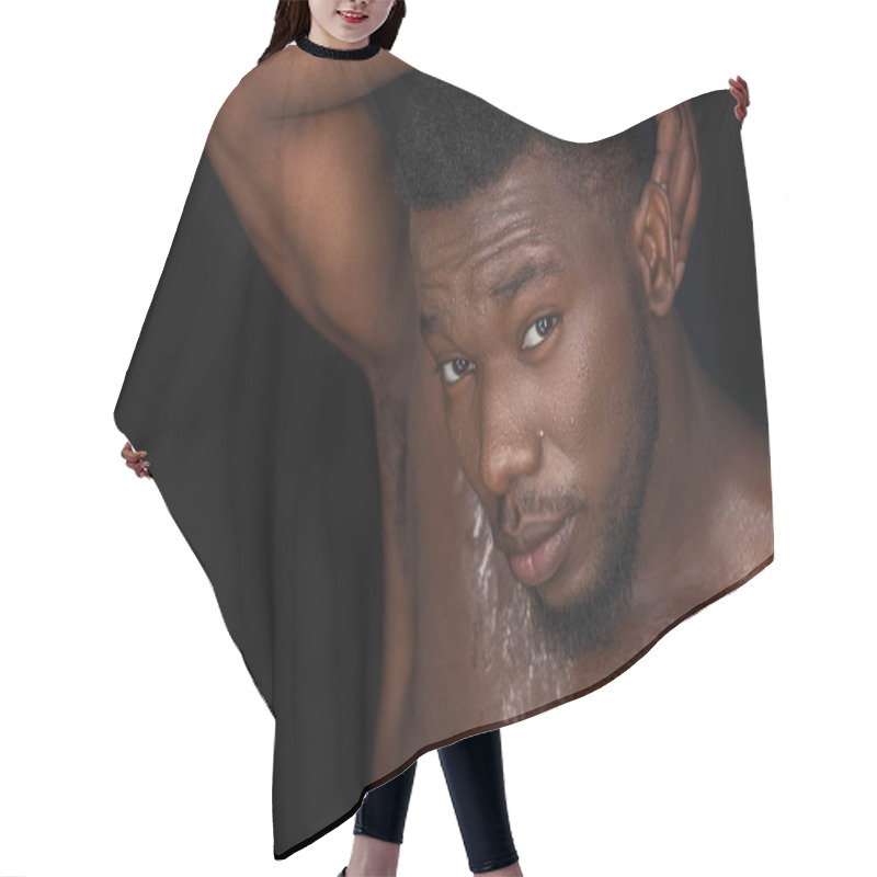 Personality  Sweaty Bare Chested Young African American Man Posing And Looking At Camera Isolated On Black  Hair Cutting Cape