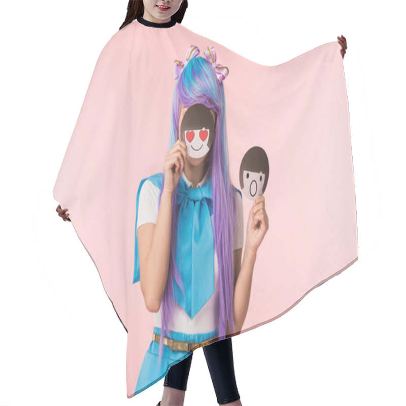 Personality  Anime Girl In Purple Wig Holding Emoticons Isolated On Pink Hair Cutting Cape